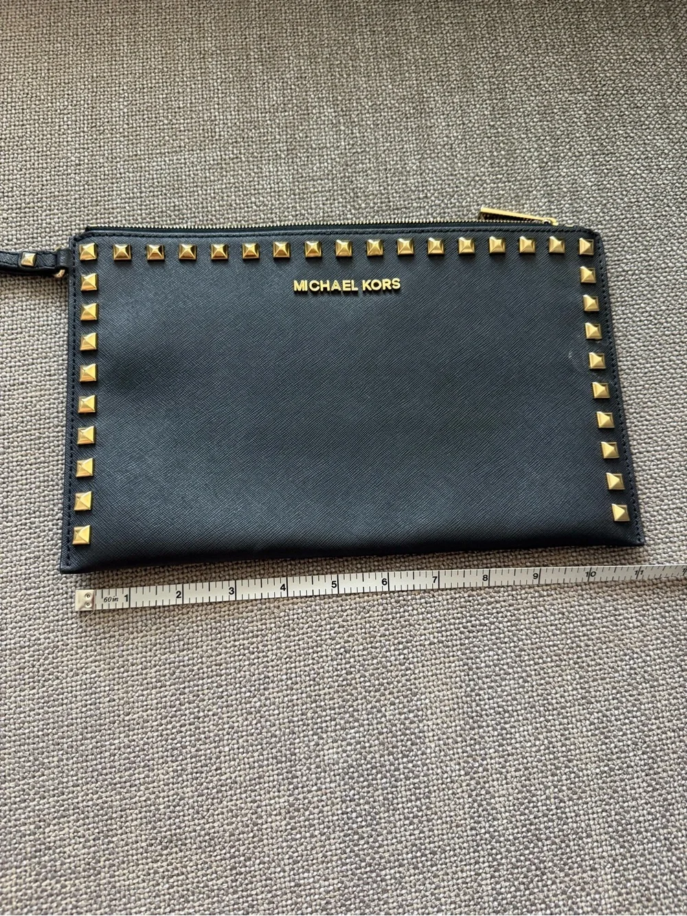 Michael Kors Black Leather Studded Gold Hardware Basic Grunge Goth Wristlet Wal